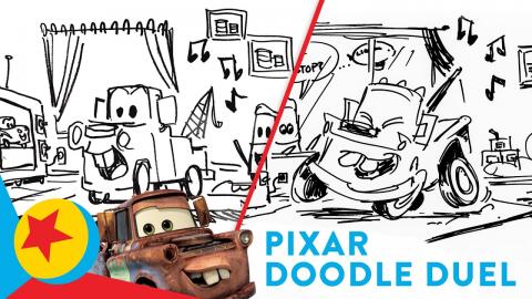 Pixar Artists Face Off to Draw Mater in the Living Room Dancing | Pixar Doodle Duel