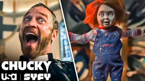 Behind the Scenes of Father Bryce's EXPLOSIVE Demise | Inside Chucky (S2 E7) | USA & SYFY
